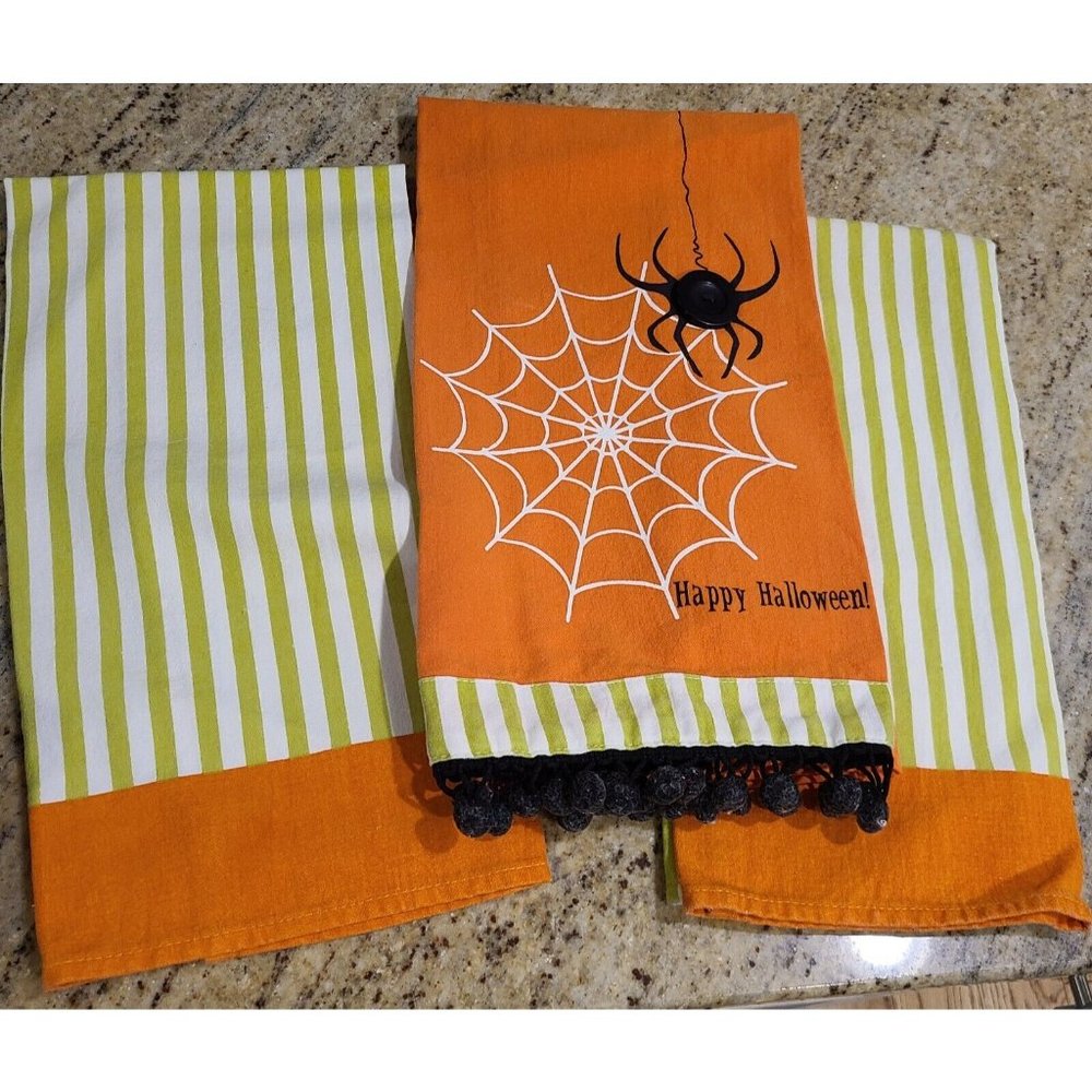 RITZ Set of 3 Kitchen Towels Happy Halloween Orange Black Green Spider Web